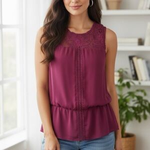 Adrianna Papell Pink Sleeveless Crochet Detail Top L